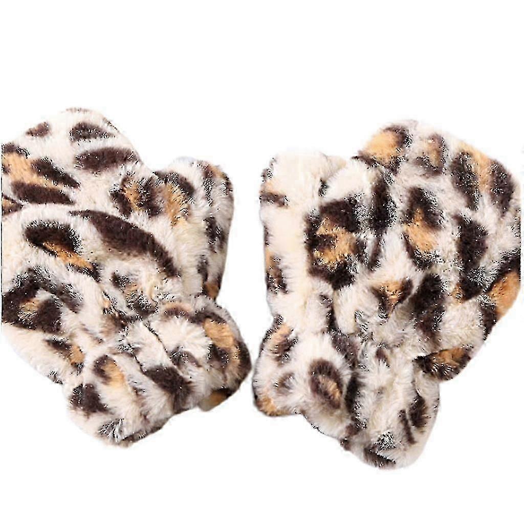 Womens Winter Plush For Touch Screen Half Finger Gloves Leopard Warm Texting Mit