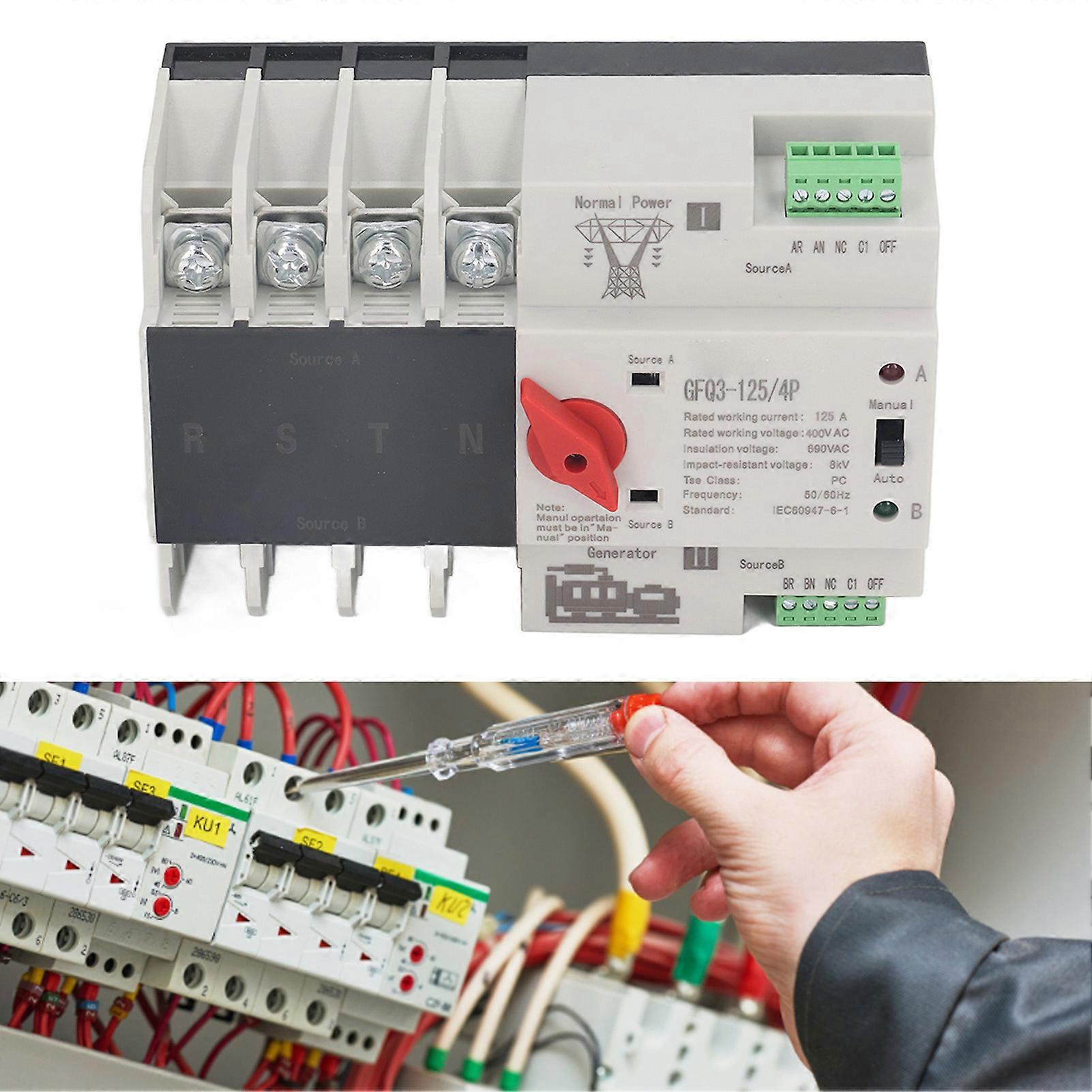 4P Automatic Transfer Switch 35mm Rail Mount Dual Power Generator Changeover Switch AC400V 125A 