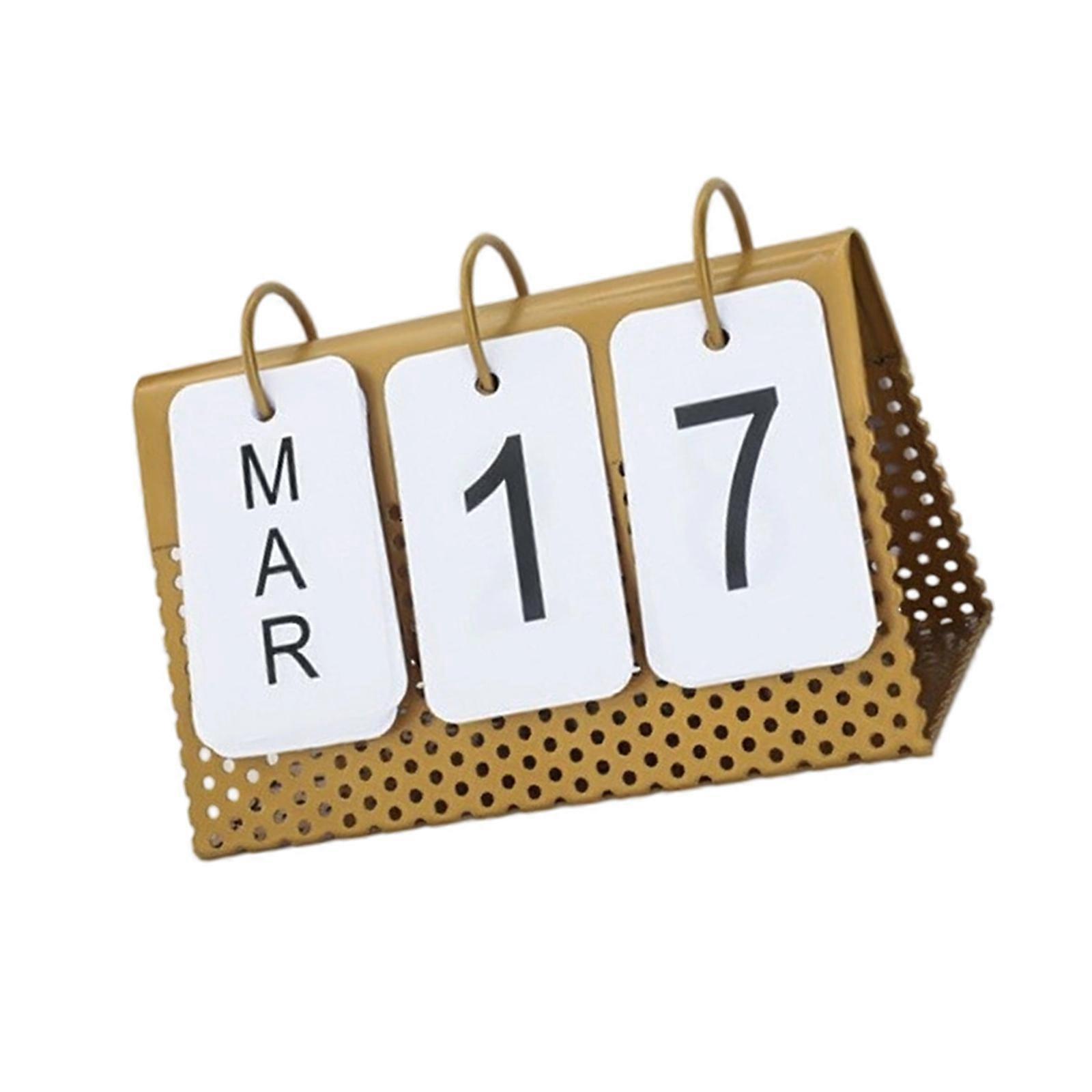 Flipping Permanent Calendar with Metal Frame Stand Tabletop Monthly Calendar with Day Month Displays for Daily Planning  gold