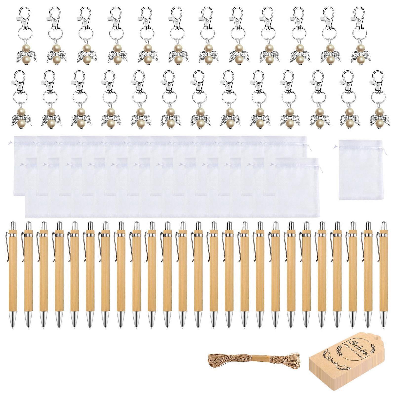 25Pcs Wood Ballpoint Pen and Angel Keychain Set With Hanging Label and Drawstring Bag For Students Office Professional Multicolor