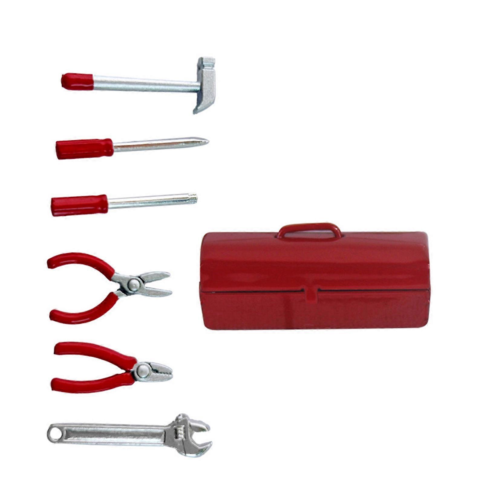 Doll House Toolbox Miniature Tool Kits Set With Hammer Screwdriver Wrench Pliers For Craft Model Project Displaying  Red