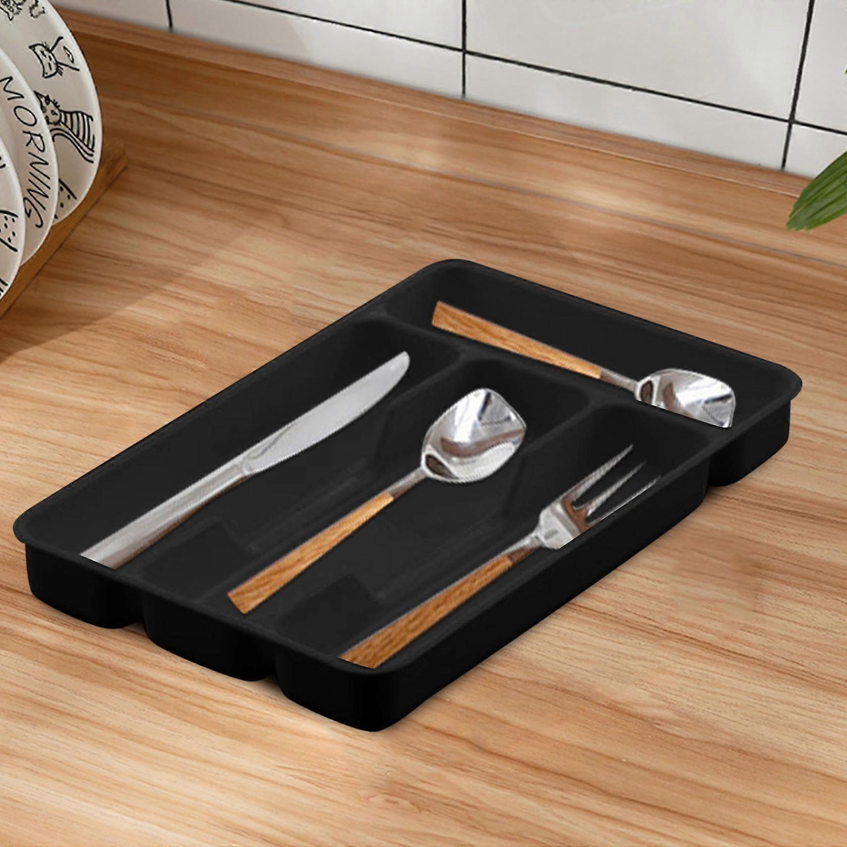 Kitchen Drawer Organizer Black Cutlery Tray 4Compartment Silverware Storage for Utensils