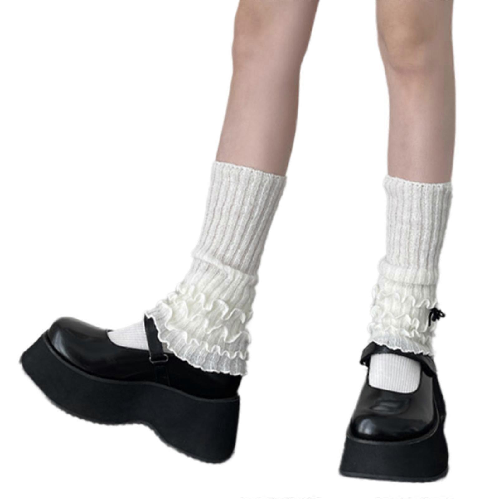 Genç Kabartmalı Örme Bacak Kapakları Tatlı Yaylarla Kadınlar ve Kızlar için Katmanlı Fırfır Kenar Bacak Isıtıcıları Ayaksız Buzağı Çorapları Beyaz
