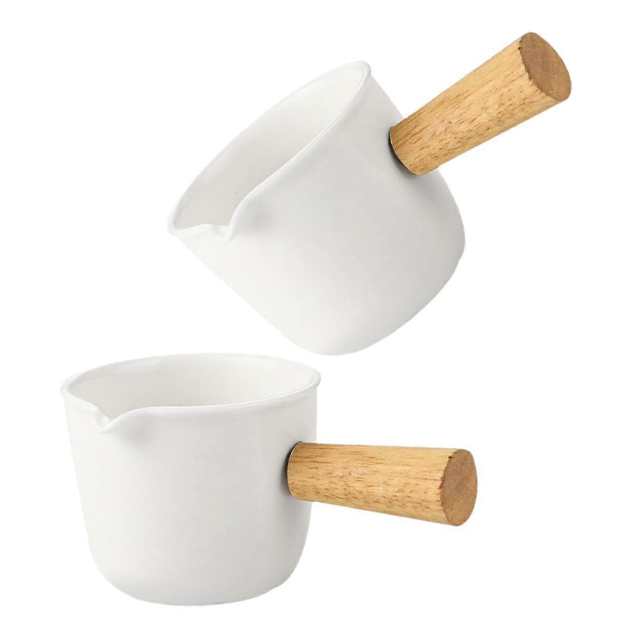 2 Pack Ceramic Milk Jug with Wooden Handle, Small Creamer Pitcher for Coffee, Sauces, Home and Café Use