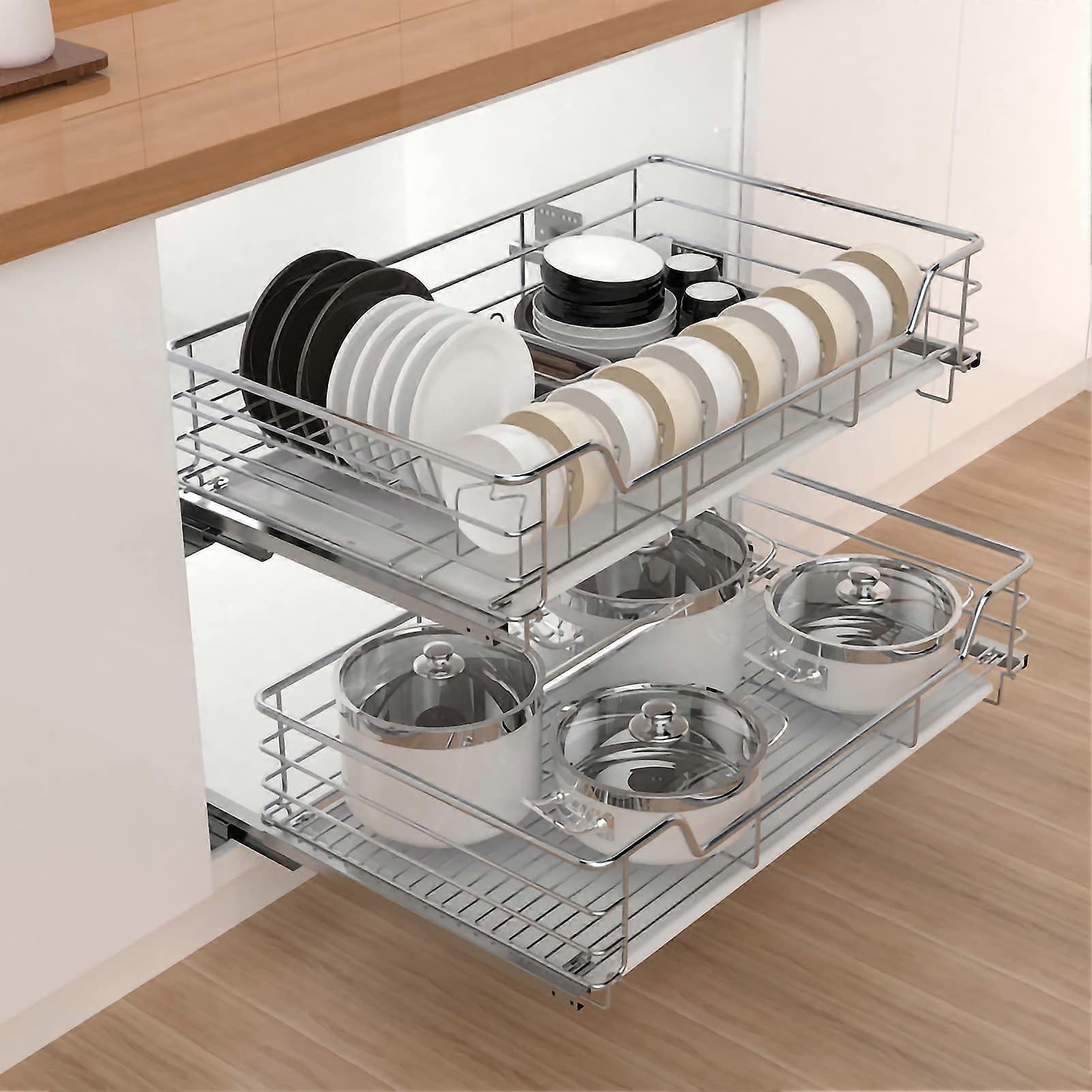 Pull Out Cabinet Organizer 2 Tier Heavy Duty Wire Basket with Drain Pan for Under Cabinet Storage