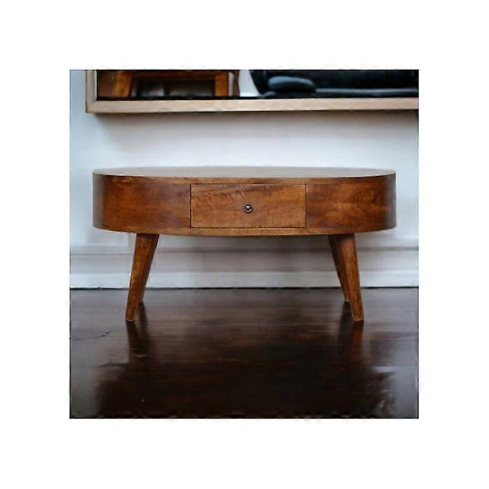 Solid Wood Chestnut Rounded Coffee Table, 2 Drawers, Dark Brown