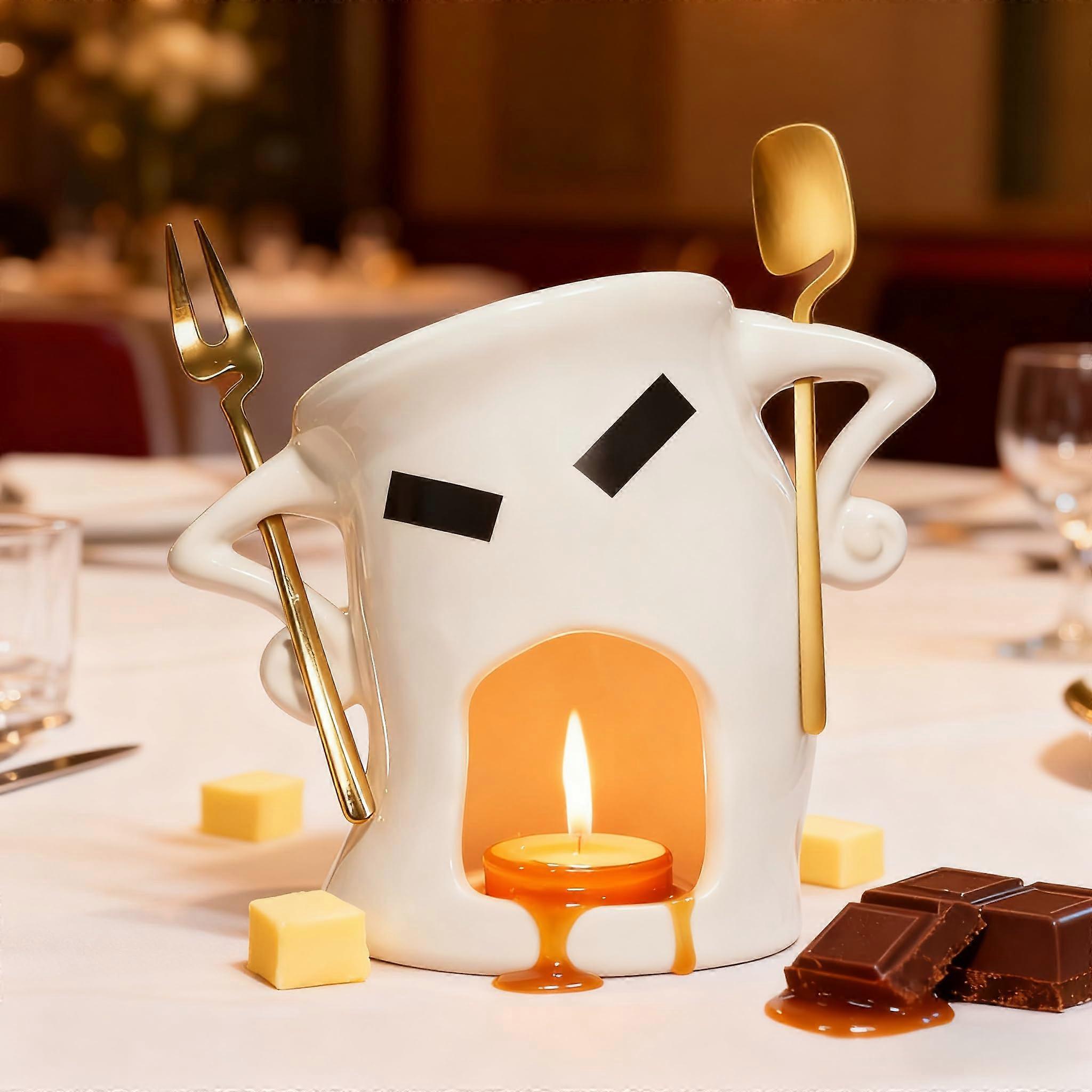 Fondue Mug Ceramic Set with BuiltIn Fork and Spoon, Microwave and Dishwasher Safe, White