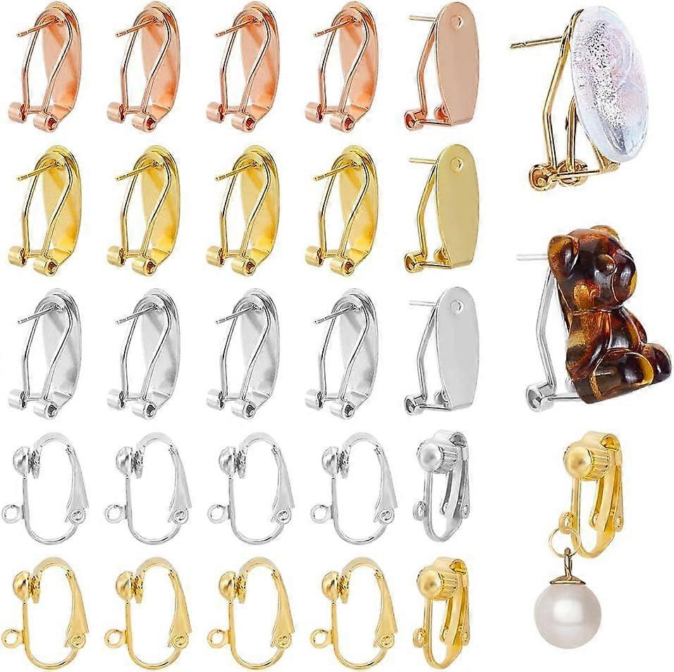 30Pcs 5 Styles Clip Earring Findings Clip-on Earring Converters with Loops Brass Flatback Fingernail Earring Posts for DIY Earrings Design Jewelry Mak