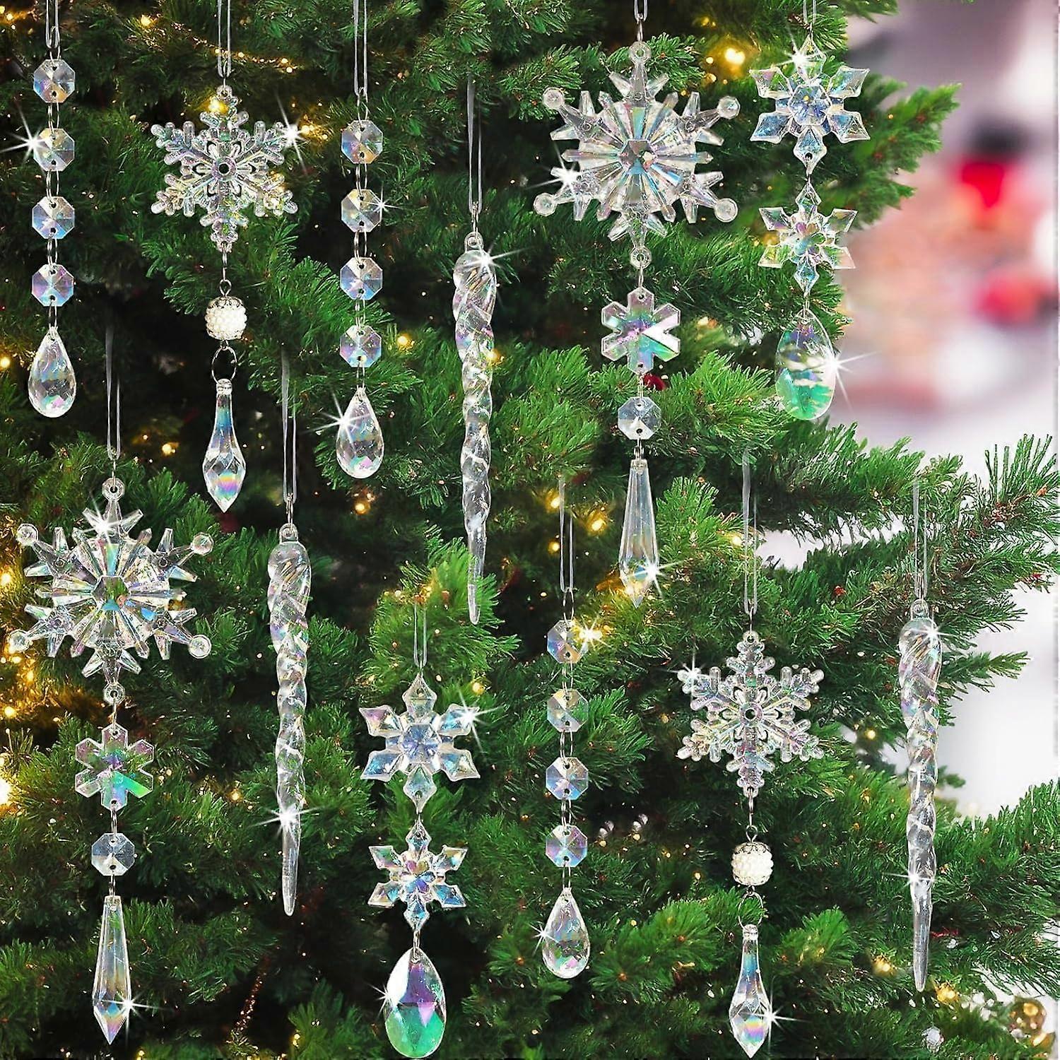 18PCS Acrylic Christmas Tree Ornaments Set with Iridescent Snowflake and Icicle Designs, Shatterproof