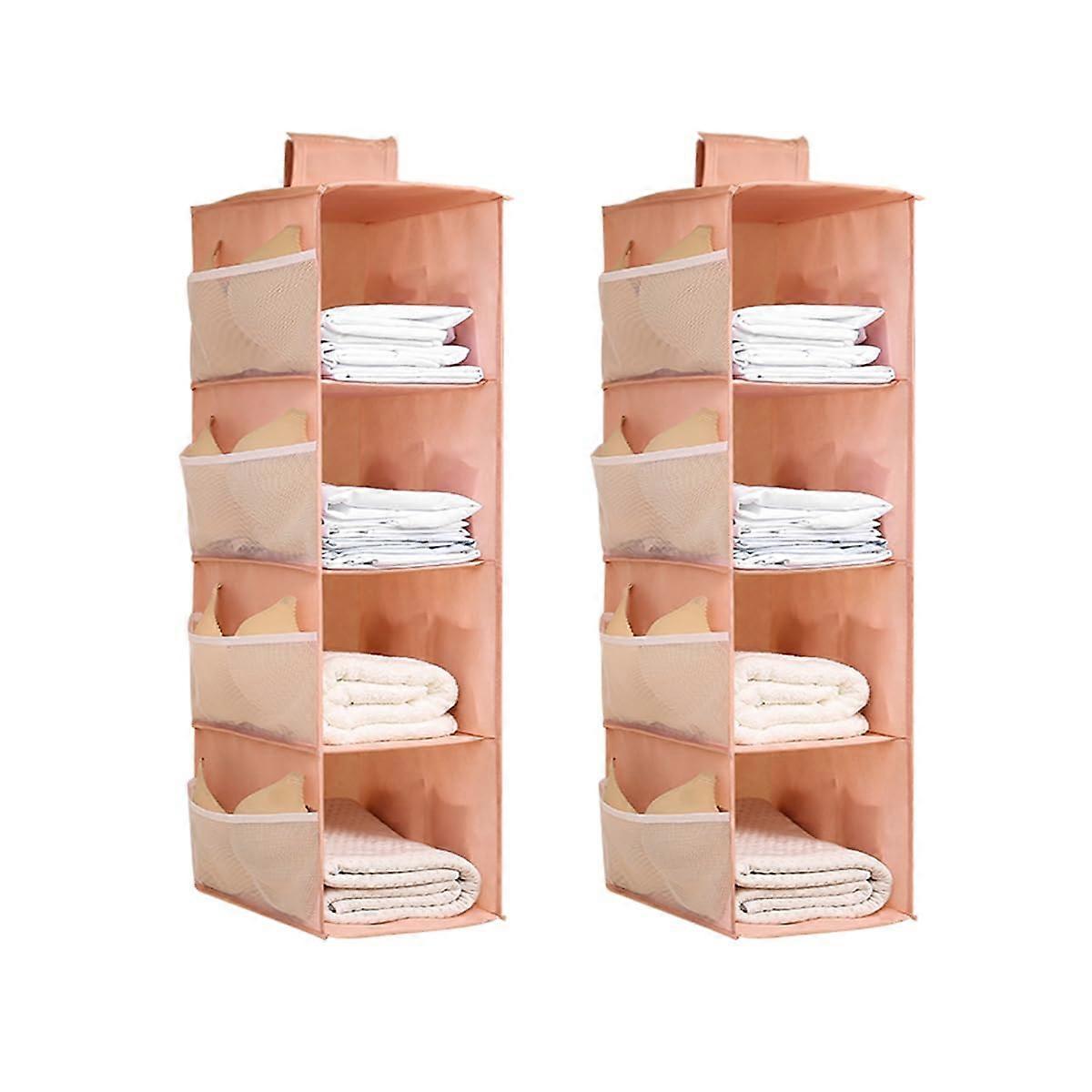 2 Pack Pink 4 Section Hanging Closet Organizer with Clear Window Panels and Mesh Pockets