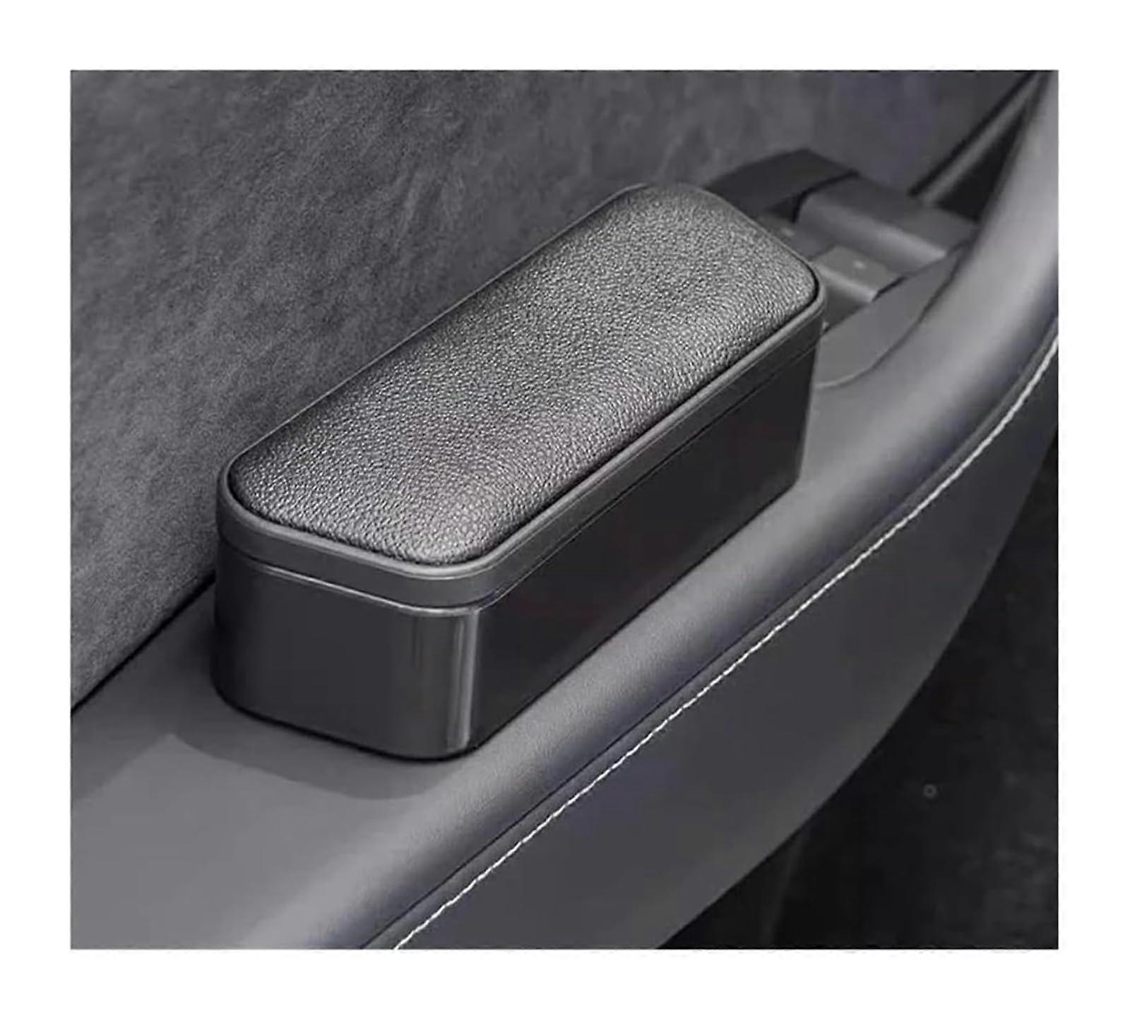Retractable Car Armrest Box with Leather Elbow Support, Adjustable Height and Door Storage, Black