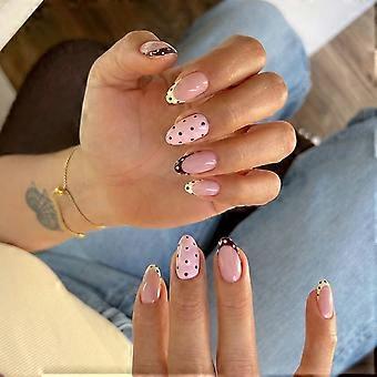 Contrast Color Press On Manicure Set with Almond Shape and Dot Art Pattern, Soft Pink Base, 24 Main Pieces, 6 Spare Pieces, Bilingual Guide Multicolor