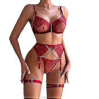Ensemble soutien-gorge et culotte en dentelle sexy à bretelles pour femme, pyjama en dentelle de soie, nuisette, ceintures de nuit, ensemble de vêtements de nuit 4 pièces bordeaux