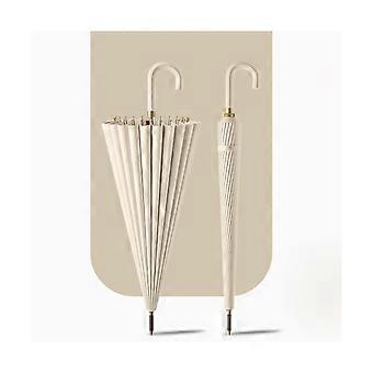 Automatic Stick Umbrella Large Windproof Umbrella with Leather Curved Handle and Steel Reinforced Frame