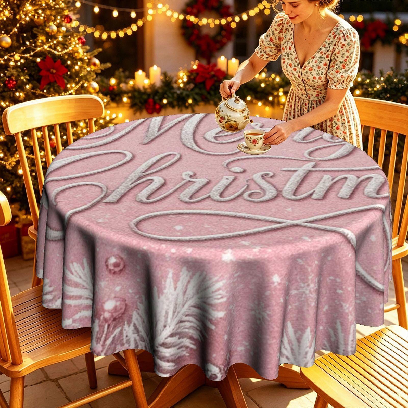 Pink Christmas Script Snowflake Pine Tablecloth | Winter Holiday Table Cover