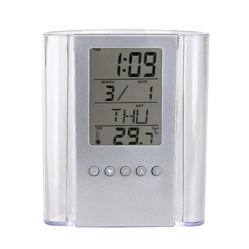 Transparent Home Decor Desktop Digital Clock Pencil Holder