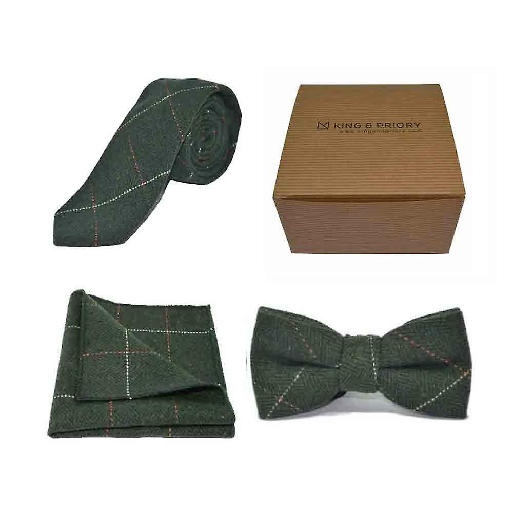 Luxury Herringbone Forest Green Tweed Bow Tie, Tie &amp; Pocket Square Set | Boxed