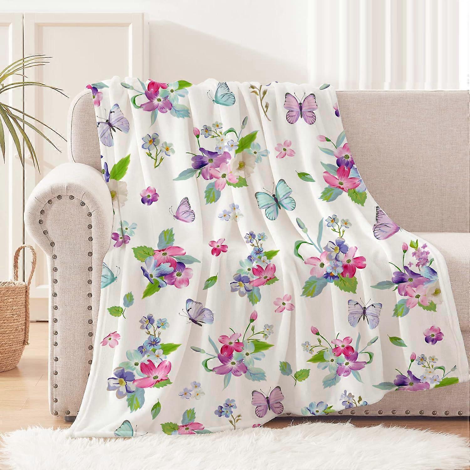 Floral Throw Blanket Watercolor Butterfly Throw Blanket Soft Flannel Fleece Throw Blanket Colorful Flowers Throw Blanket Cozy Fuzzy Plush Bed Blanket 