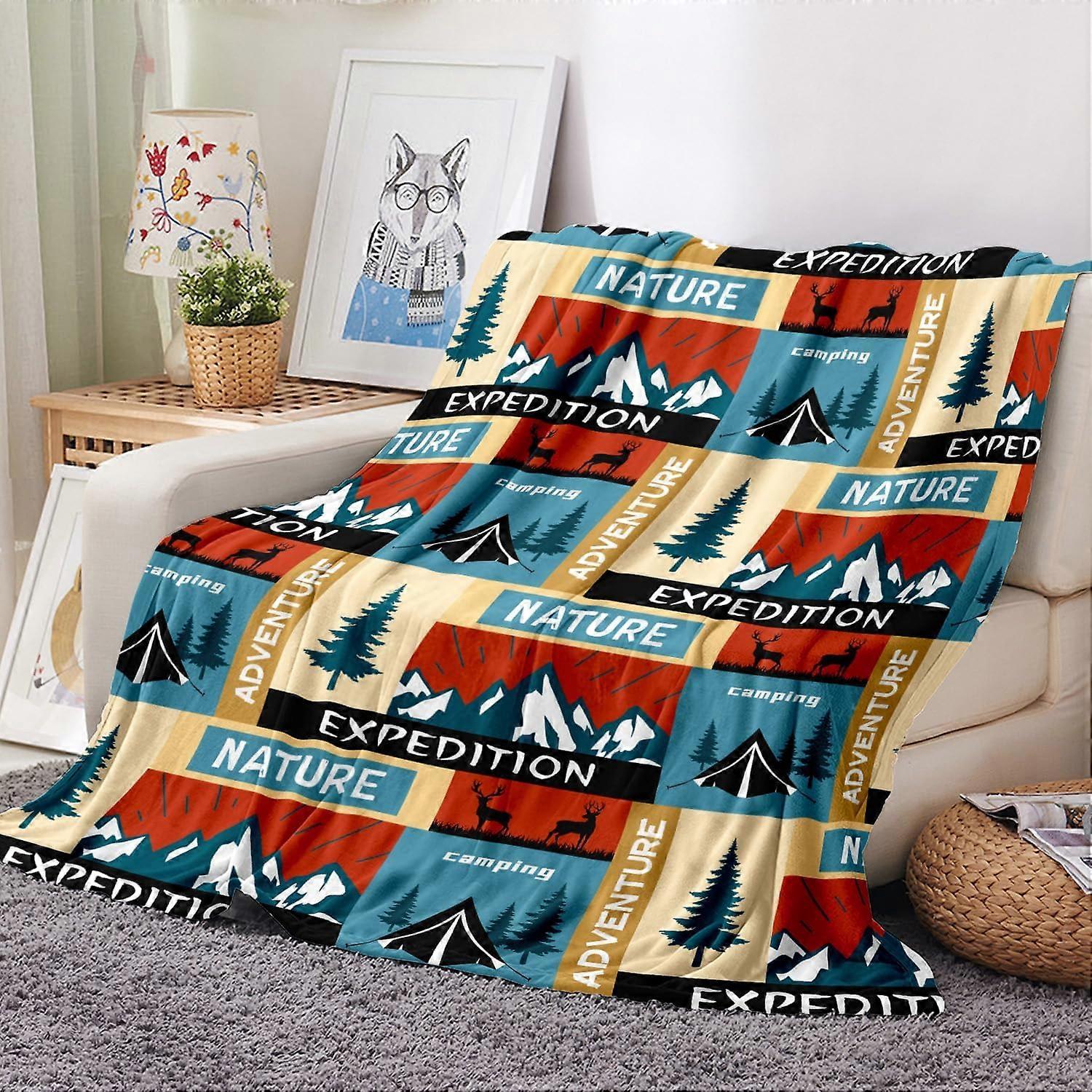 Camping Throw Blanket RV Throw Blanket Super Soft Flannel Throw Blanket Cozy Fuzzy Plush Happy Camper Throw Blanket for Camping Lover Lightweight Warm