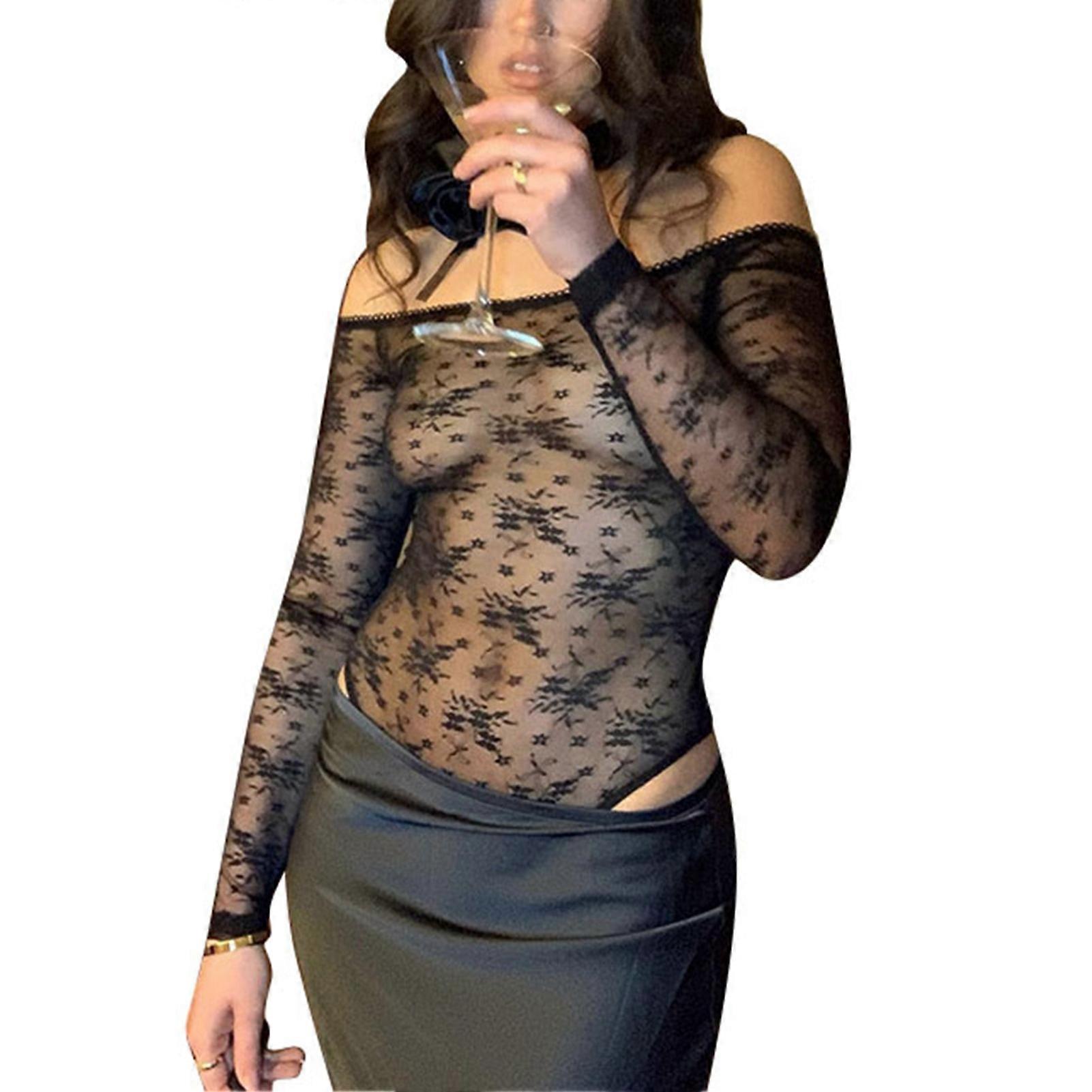 Kvinder Mesh Buksedragter Off Shoulder Blonder Bodysuit Gennemsigtig Mesh Skjorte Langærmet Net Bodysuit Charmerende Buksedragter Sort M