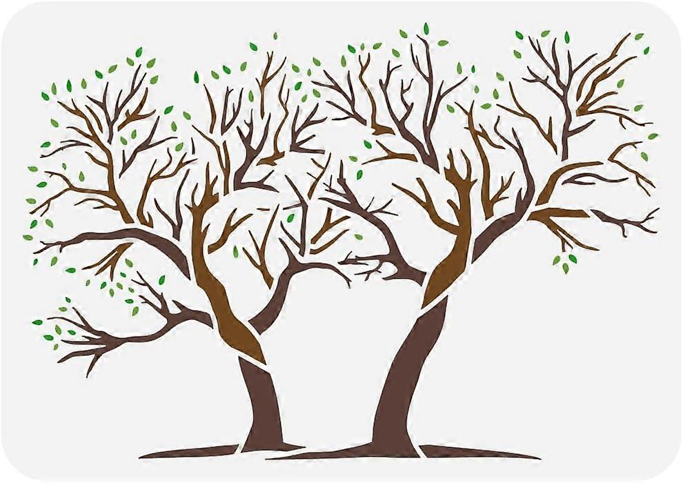 Two Trees Painting Large Stencil 8.3x11.7" PET Tree of Life Spraying Big Stencil Reusable Tree Branch and Leaves Wall Stencil Vibrant Trees Huge Stenc