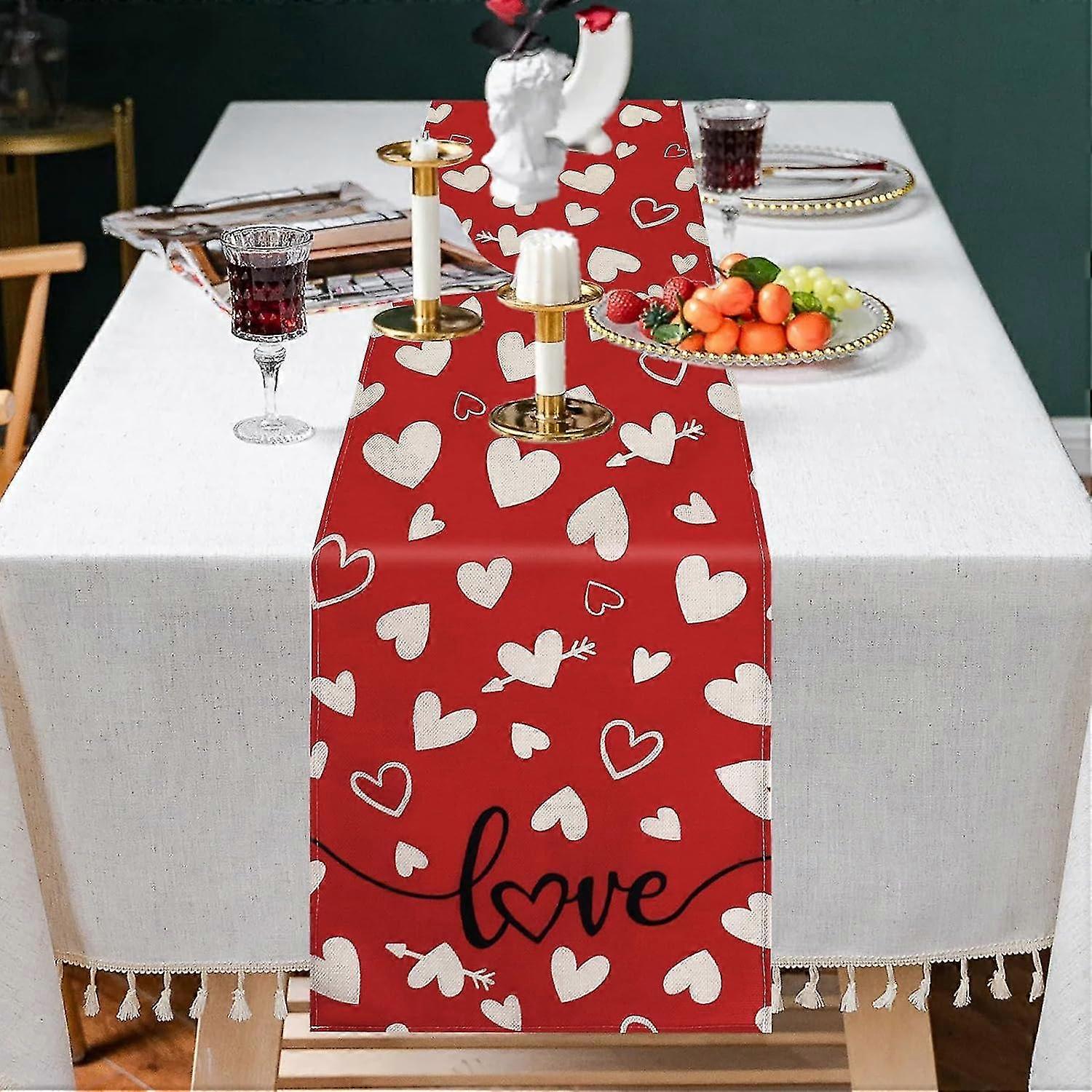 Valentine's Day Table Runner, Linen Red Love Table Runner Seasonal Anniversary Table Runner