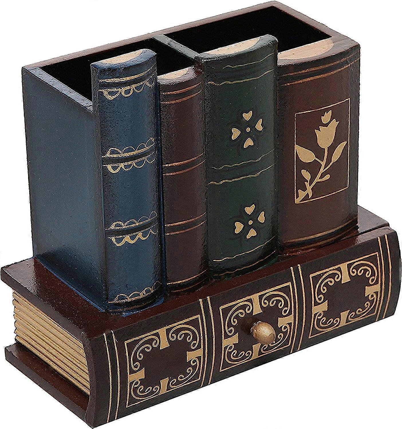 Decorative Desk Organizer Caddy, Pencil and Pen Holder with Bottom Storage Drawer and Antique Library Books Design,2024 Ping