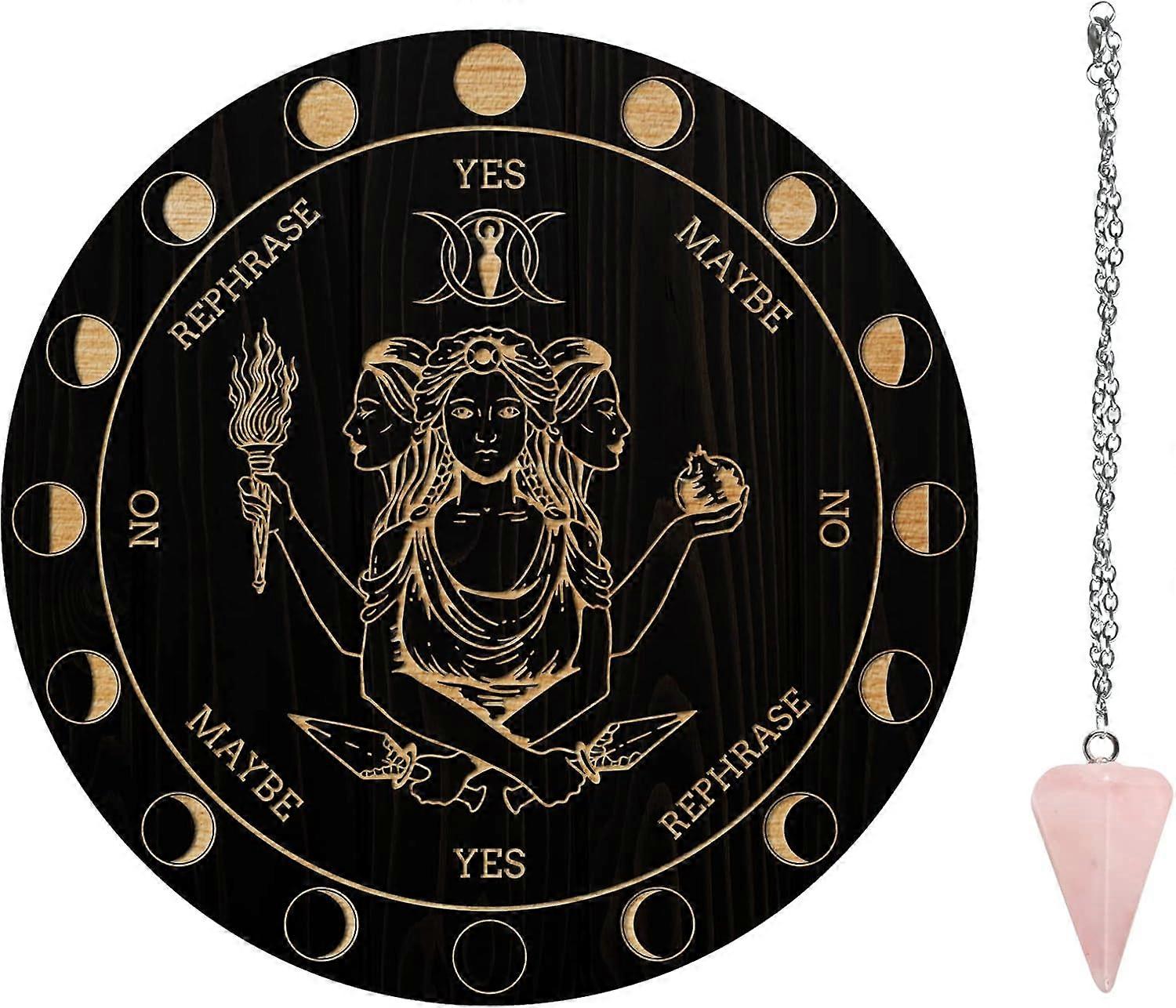 7.8" Witch Pendulum Board Wooden Dowsing Planchette with Rose Quartz Crystal Dowsing Pendulums Witchcraft Divination Tools for Spirit Altar Decoration