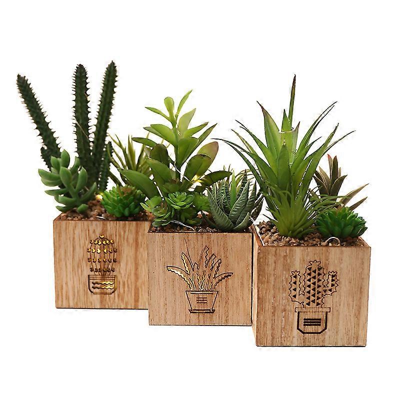 Set of 3 Artificial Succulents with LED Lights, Wooden Box, Artificial Plants Plastic Trimming, Suitable for Home/Office Decoration, Table Decoration,