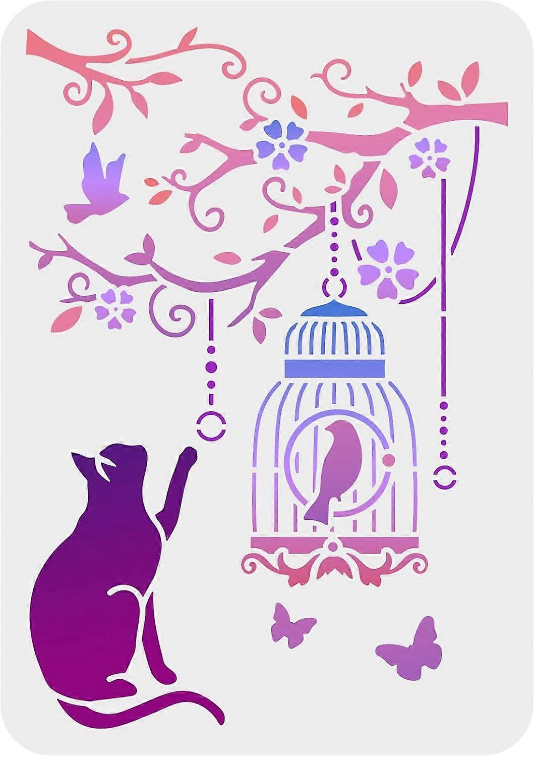 Cat Painting Stencil 8.3x11.7inch Reusable Cat and Birdcase Drawing Template DIY Art Flower Tree Butterfly Cat Bird Stencil Animal Plants Stencil for