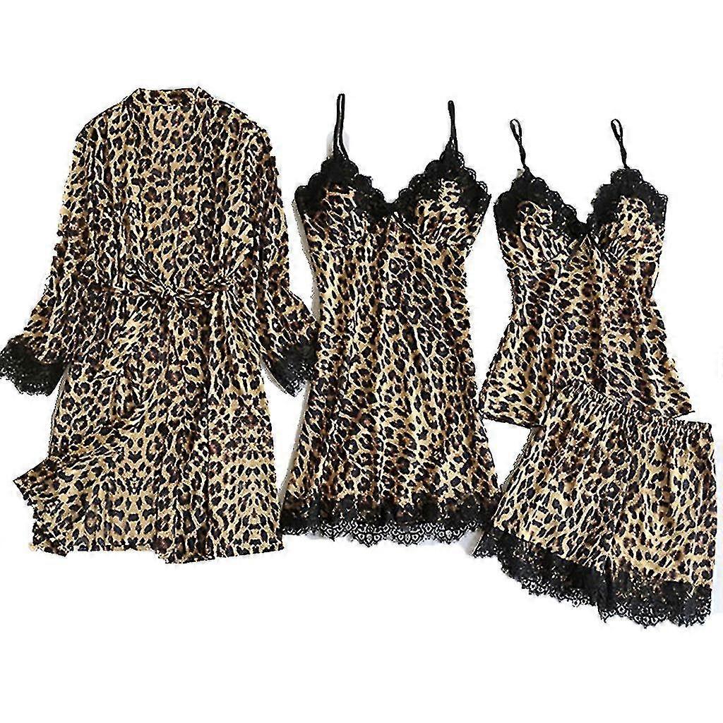 Γυναικείες πιτζάμες Σετ Sexy Leopard Print Silk Satin Sleepwear 4Pcs Lace Cami Top Shorts And Kimono Robe Set Lounge Suit