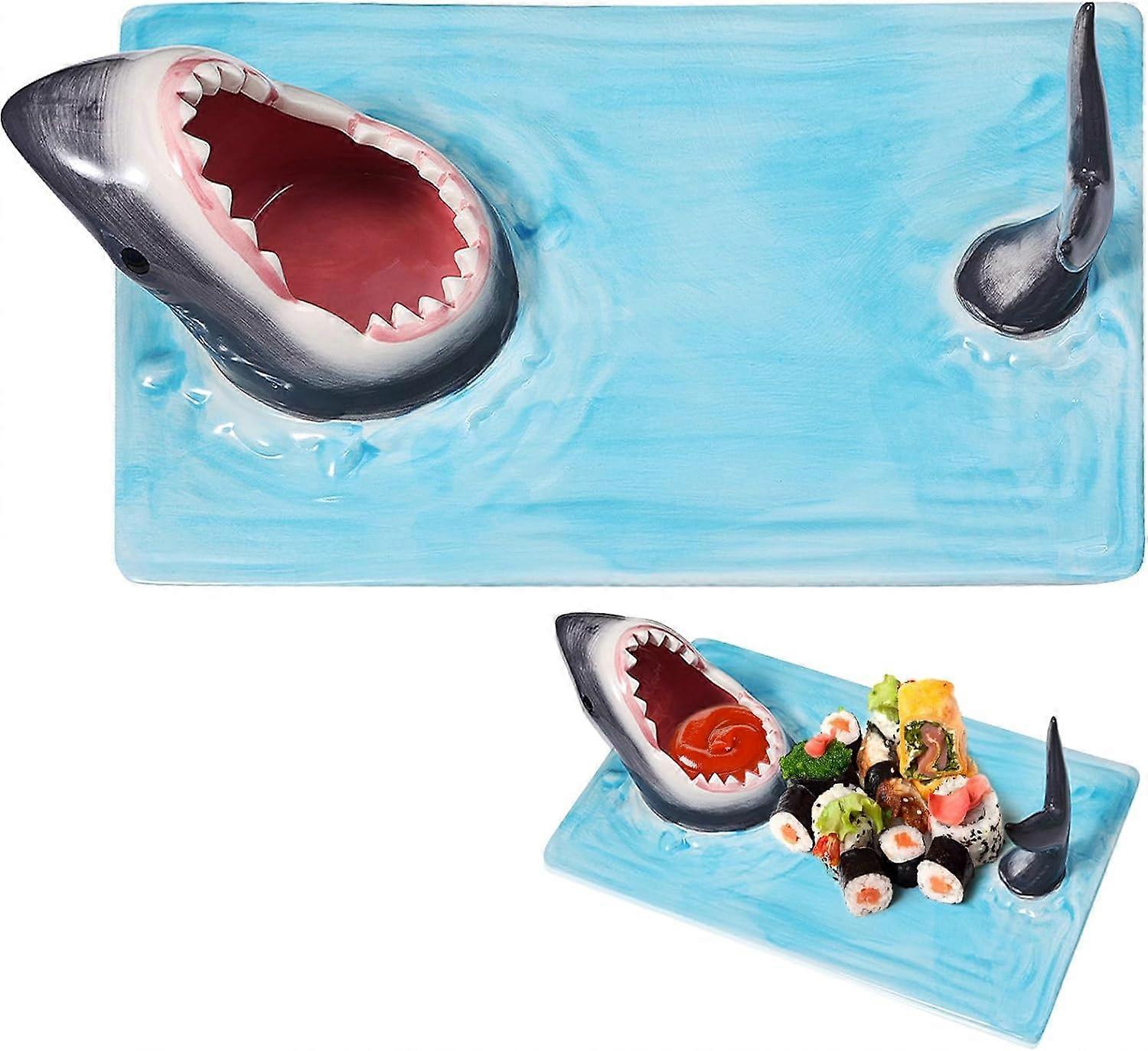 Shark Sushi Tallerken - Håndmalet keramik - Fødevaresikre materialer - Sikre og robuste - Mikroovn/ovn/fryser/opvaskemaskine - Ideel gave til sushi Ent