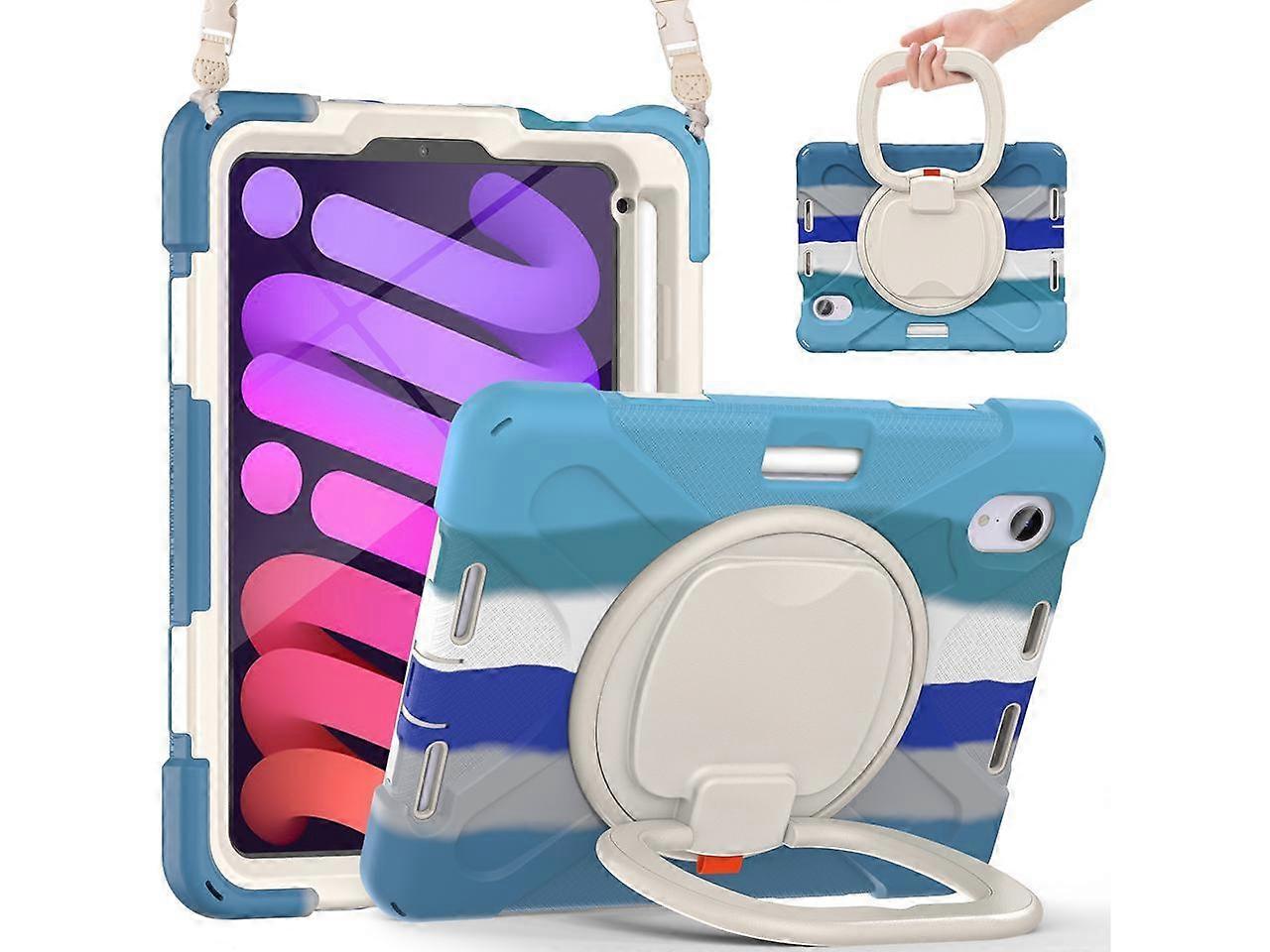 New iPad Mini 6 Case 2021 with Rotating Stand / Hand Strap / Shoulder Strap / Pencil Holder Shockproof Kids Cover for iPad Mini 6th Generation 8.3 inc
