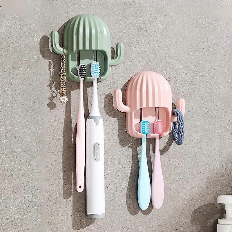 2 Pack Wall Mounted Bathroom Toothbrush Holder Cactus Shape Paste Without Punching * Pink + L Green