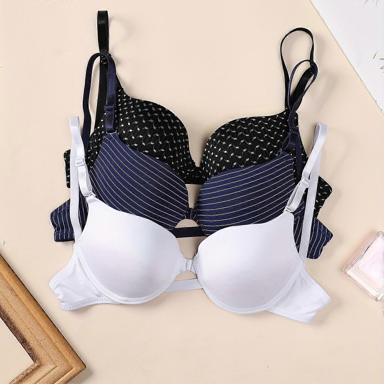 JUEGE* 3 Pcs Sutiãs Femininos Sexy & Simple Print Front Open Push Up, Sutiãs Confortáveis com Leve Elasticidade, Lingerie & Roupa Íntima Feminina