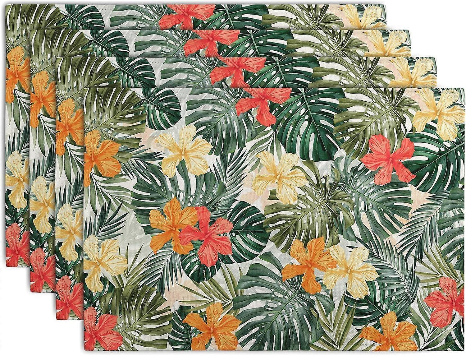 Tropical Palm Leaves Table Mats Set of 4 Summer Watercolor Hibiscus Flower Leaf Placement Mats for Dining Table Washable Non-Slip Heat Resistant Linen