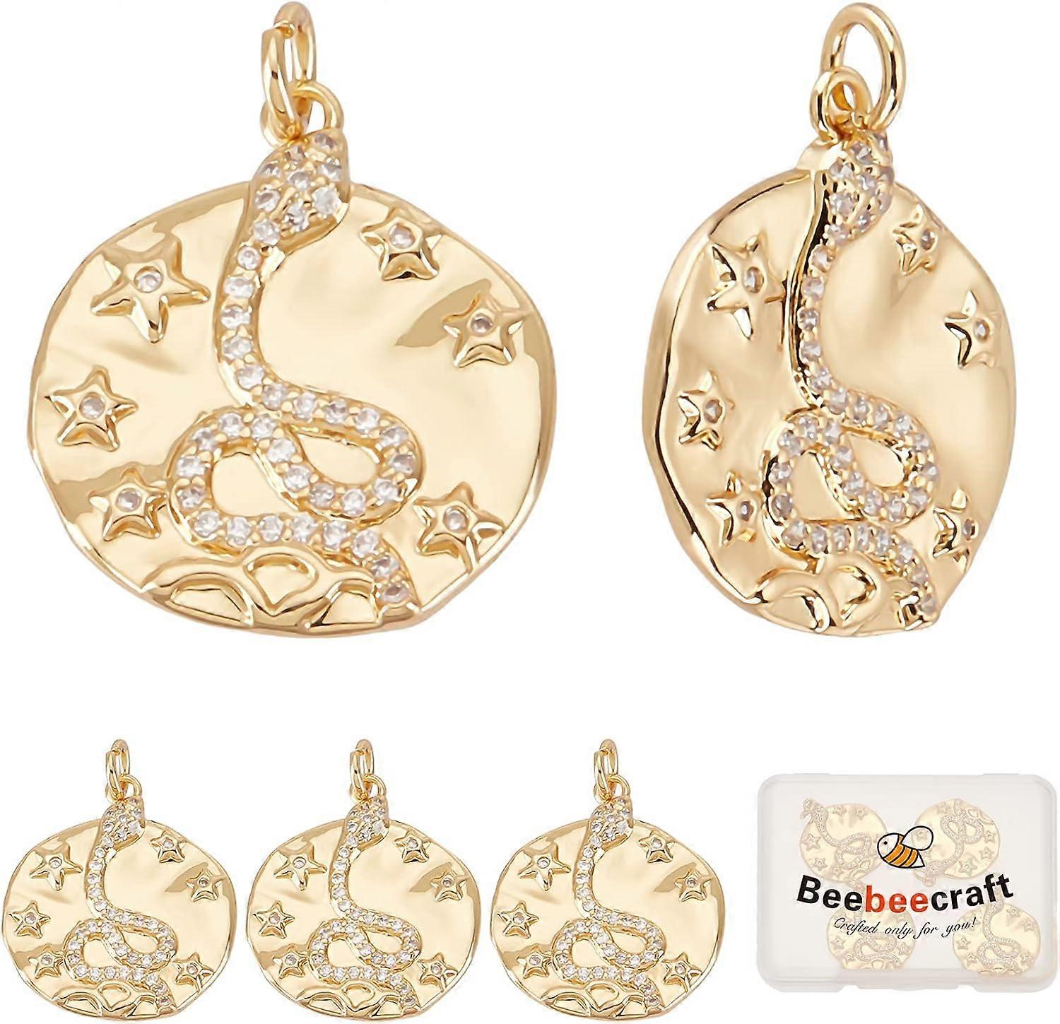 1 Box 6Pcs Snake Charm with Cubic Zirconia 18K Gold Plated Flat Round Chinese Zodiac Star and Snake Pendant Charm with Jump Rings for Halloween DIY Je