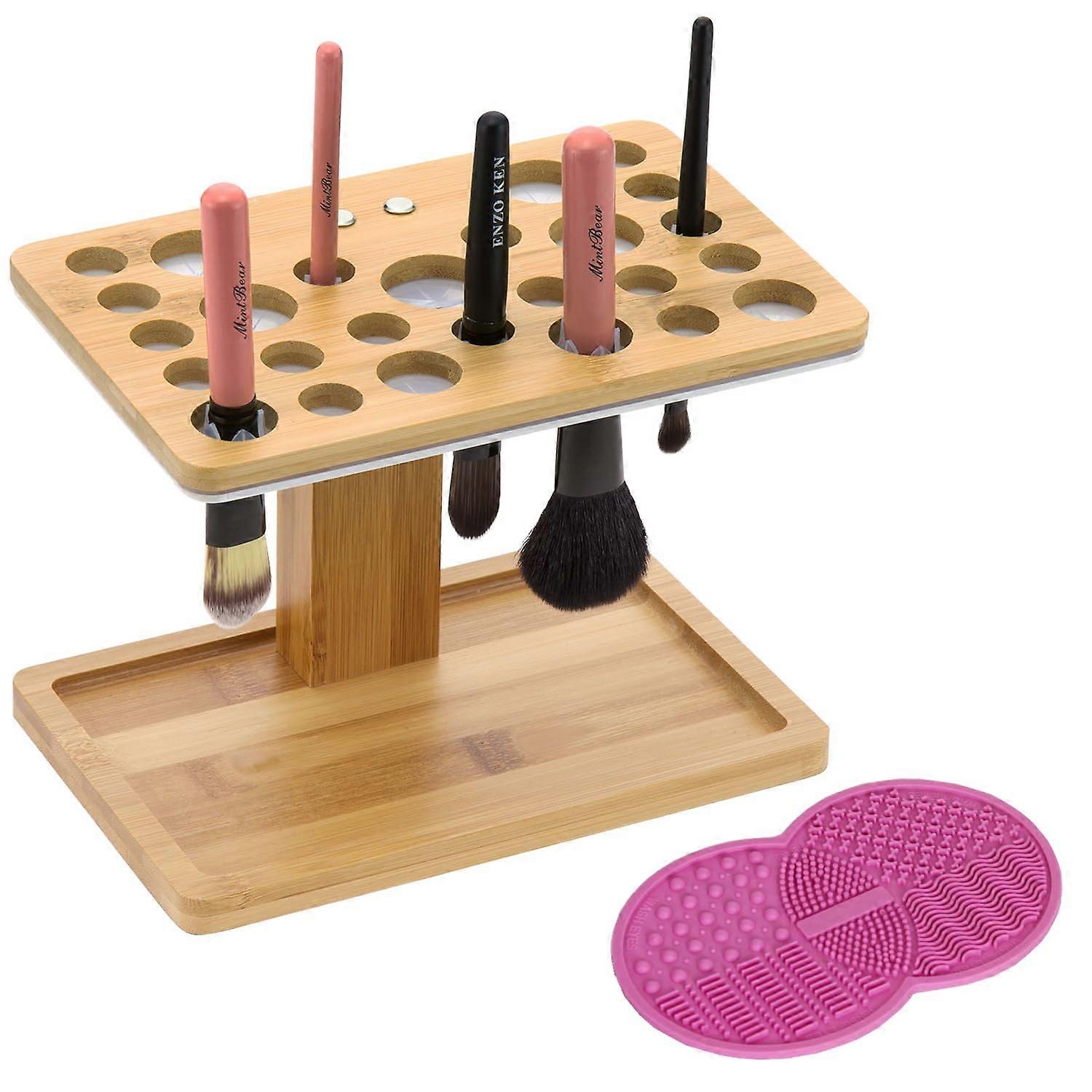 Bamboo Acrylic Silicone Makeup Brush Drying Rack Tower Organizer Stand with 26 Holes for Easy Storage and Display
