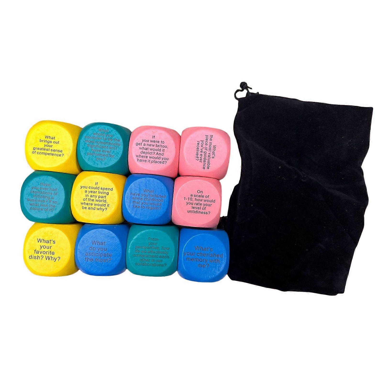 12Pcs/Set Wooden Question Dice Heavy Duty Travel Lightweight Portable Mini Quiz Dice Kit Family Friends Adults Bar Party Game Night Props