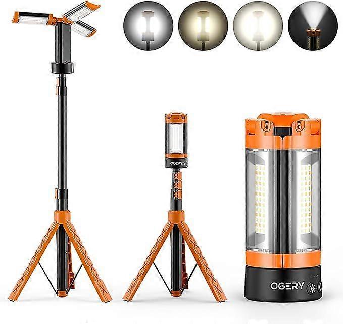 Rechargeable 10000mAh Camping Light with Stand 5.3 ft Max Height, Cordless Work Light with 3 LED Lamp Heads, 2200 Lumens Dimmable Magnetic Emergency F
