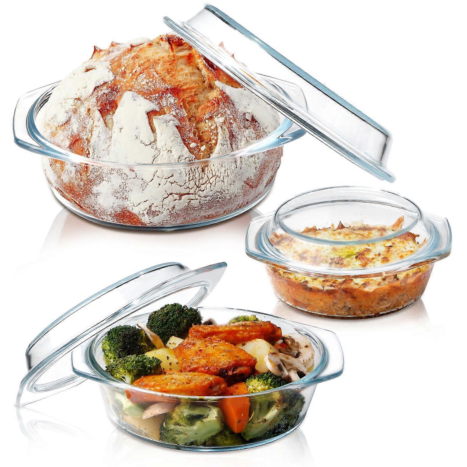 3 Set Round Glass Casserole Dish for Cooking Baking 0.65L+1L+1.4L