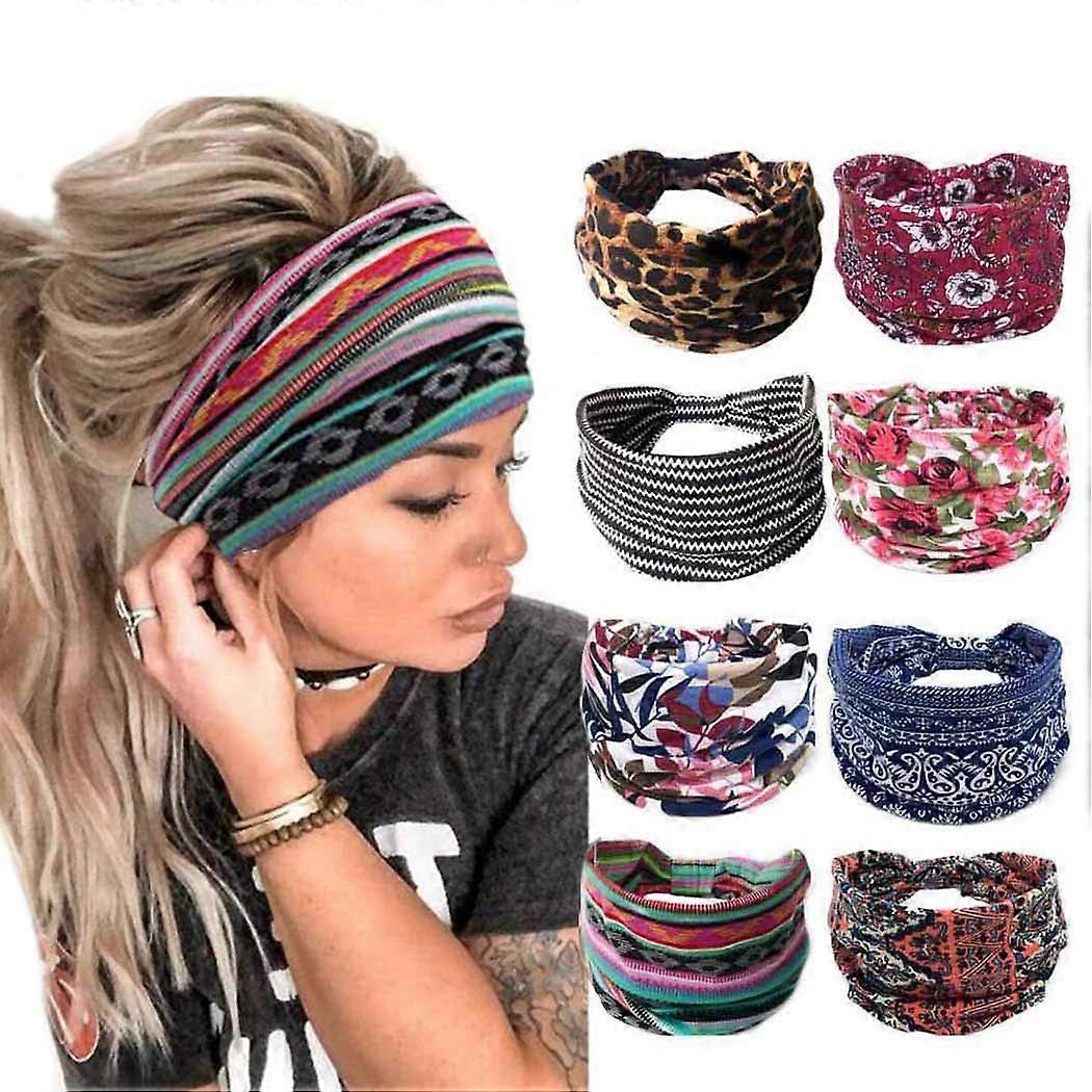 Grand bandeaux de tête boho pour les femmes 8pcs Stranty Bandeau Kay Tapes Athletic Yoga Head Wraps (Boho, taille uniforme) Boho 1 numéro (8 paquets)