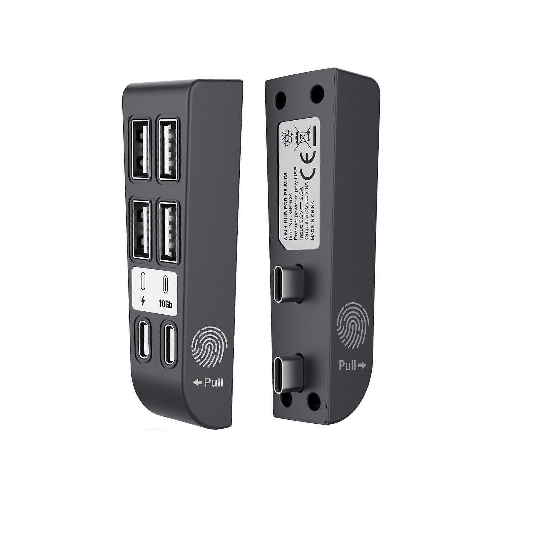 PS5 Slim USB Port Expander, 6 in 1 Multiple USB Hubub for PS5 Slim Console Data Transfer Port + Type-C Ports + USB Charging Port Expansion Hub (Black)