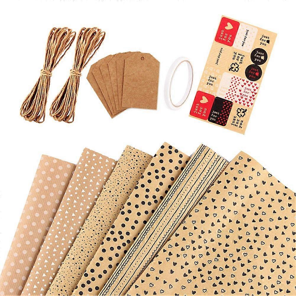 Kraft ,Birthday Wrapping Paper,6 Sheets Kraft Brown Wrapping Paper with Tags Strings and Sticker