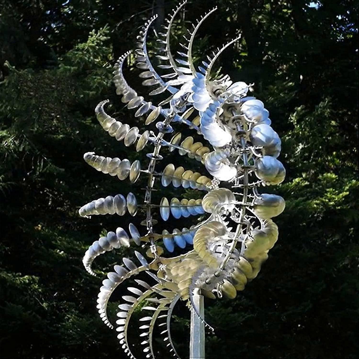 2Pcs 3D Metal Windmill Kinetic Sculpture, Dual-Tiered Stainless Steel Wind Spinners, Silver, Opposite-Directional Rotation