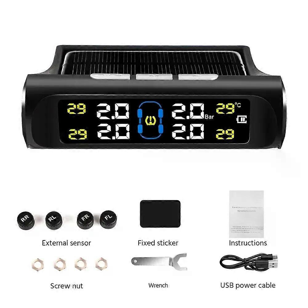 con Universal Solar TPMS Tire Pressure Monitoring System IPX7 Waterproof External Sensors Dual USB/Solar Charging with LCD Display