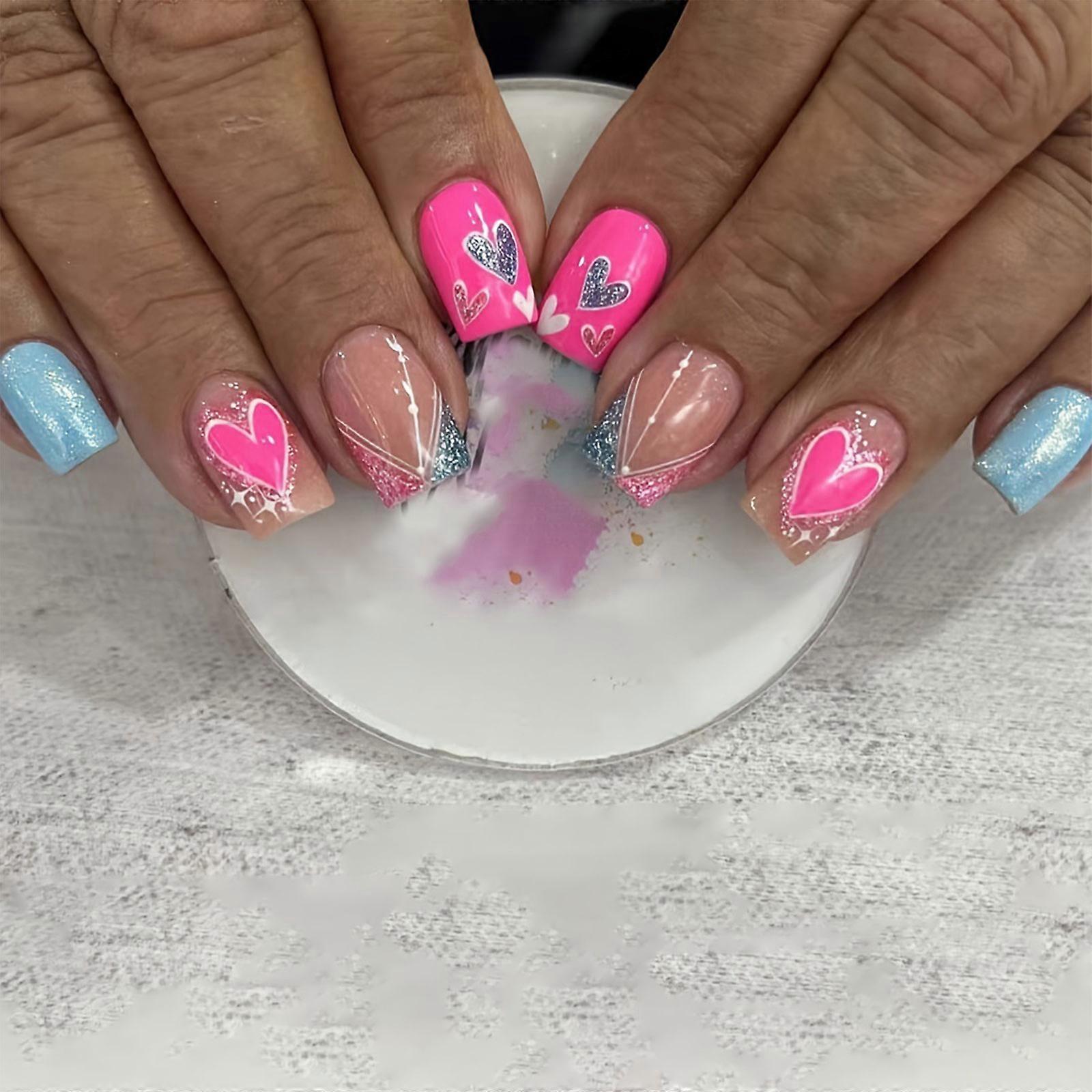 ネイルバレンタインフレンチフェイクネイルアクリル偽のネイルに24個のスクエアプレス、レディースガールズのためのネイルの人工ネイル接着剤