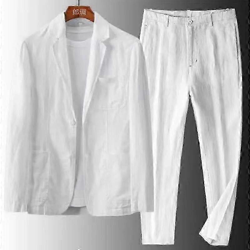Herr 2-delat set Linneficka Fast andningsfunktion Casual Herr kostym Affärskläder Tunn jacka Bal Långbyxor Kavaj OutfitsSwhite SZRH