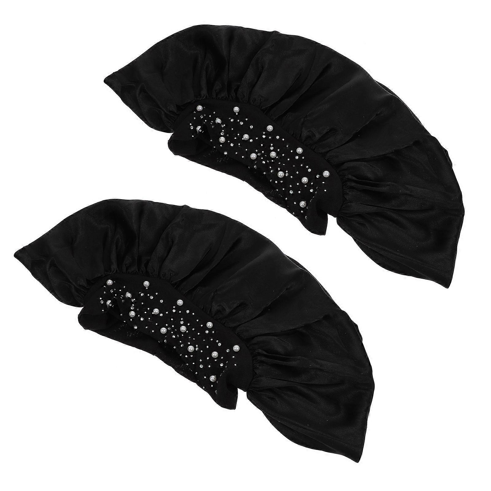 Reusable Shower Caps Trendy Bath Hat for Travel Black Polyester One Size Fits Most Prevent Hair from Getting Wet 2Pcs