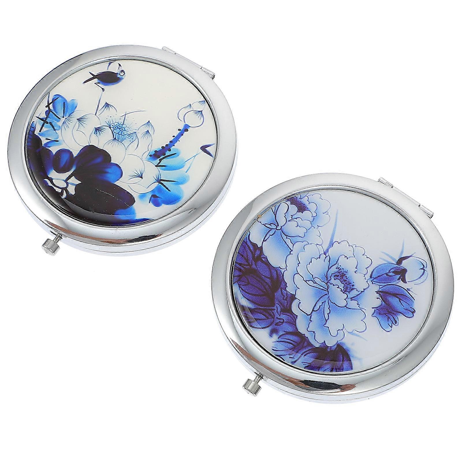 Small Pocket Mirror Double-Sided Makeup Mirror Handheld Folding Lightweight Blue 8X7.2X0.8CM 2Pcs